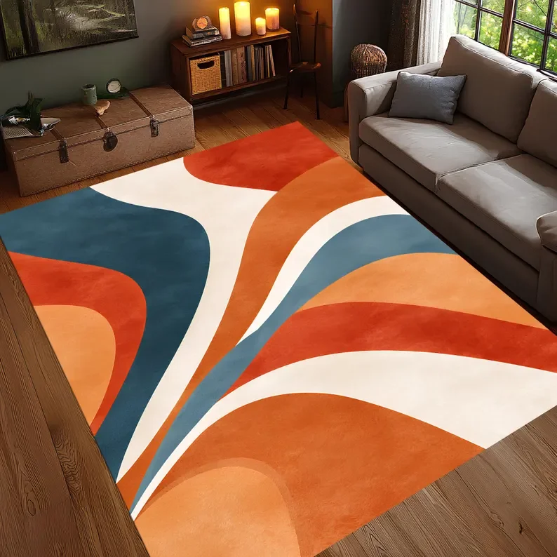 Retro Curve Abstrakter Teppich Orange Blau Mid Century Modern Teppich Bunte geometrische Bodendekoration Waschbare Wohnzimmerteppiche Image