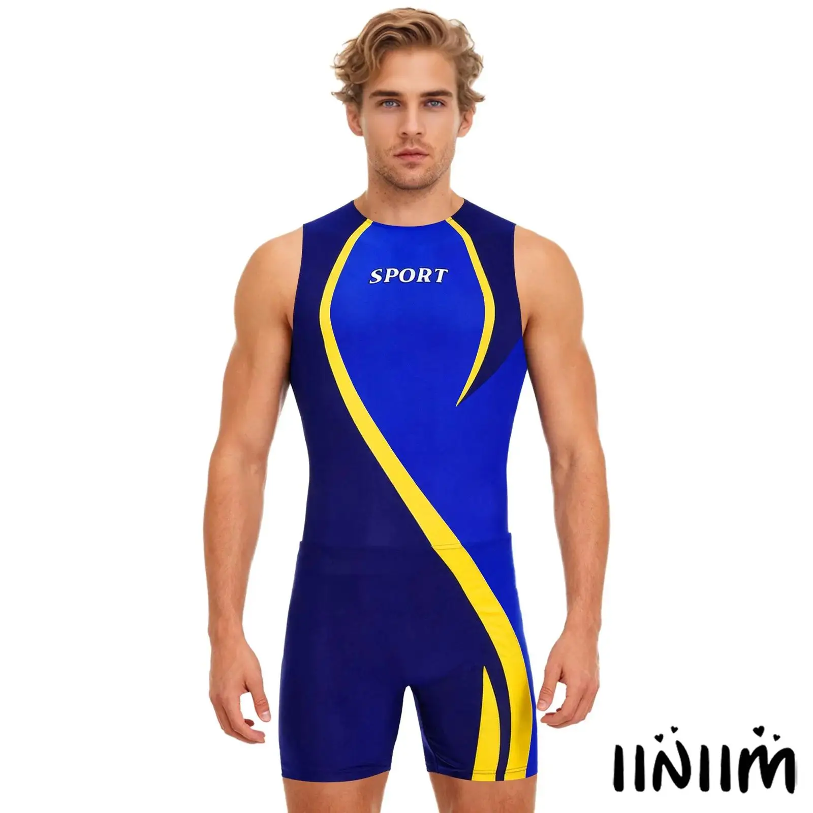 Men Sports Outfit Set Round Neck Sleeveless Back Invisible Zipper Athletic Fitness Workout Bodysuit and Elastic Waistband Shorts