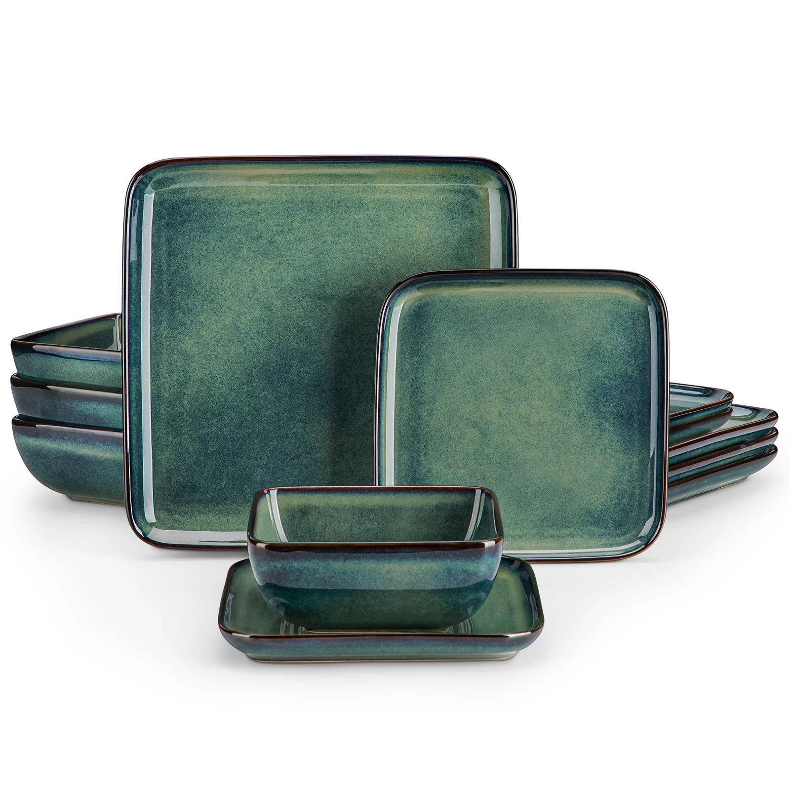 vancasso 12/24/36 Piece Ceramic Dinner Sets Square Green Reactive Glaze Tableware Set with 4/8/12pcs Dinner Plate/ Dessert/Bowl