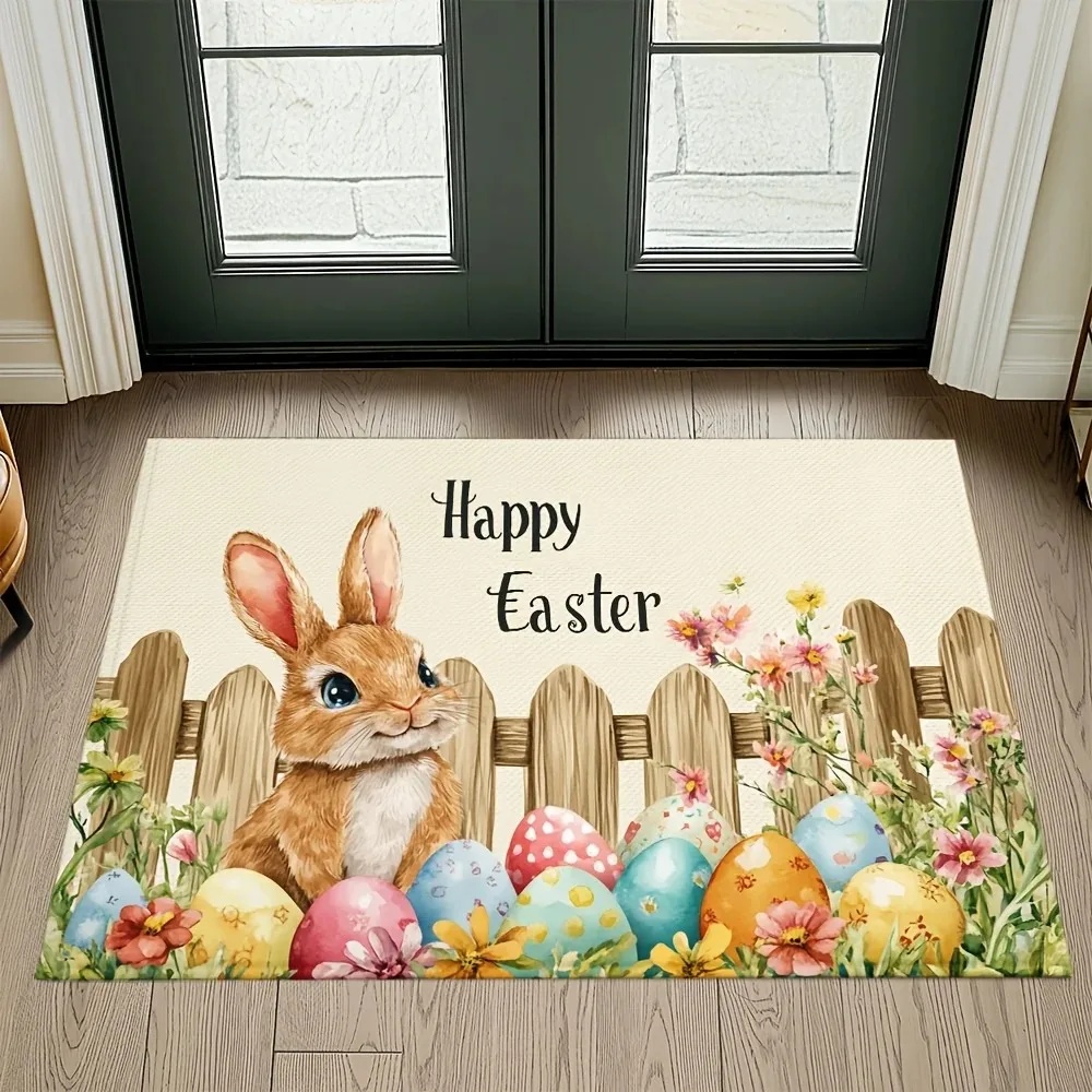 Ostern niedlicher Stil Eingangsbereich Fußmatte Kaninchen Osterei Blumendekor hellbeige Basis langlebig Urlaub Home Entry Decor Matte Image