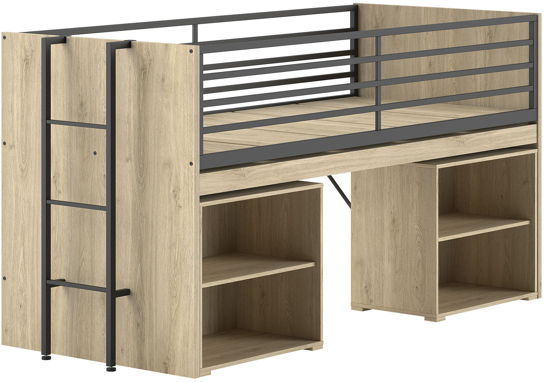 Stauraumbett VIPACK "Sam, schlafen und arbeiten in einem, wahlweise Eiche- oder Weiß-Dekor", eiche dekor, eiche dekor, eiche dekor, B:98cm H:116,6cm L:219cm, Betten, Stauraumbett, mit Absturzschutz, Leiter u. 2 Regale, pflegeleichte Dekor Oberfläche Image