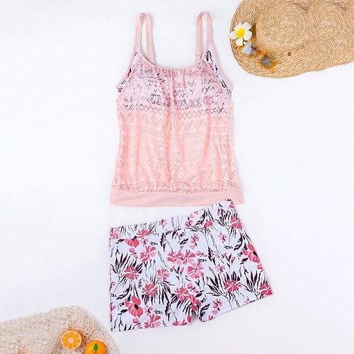 Damen Badeanzug Tankini 2 Teile Einfarbig Mit Vertuschung Ultraleicht (UL) Bauchkontrolle Elastisch Ärmellos Bademode Surfen Schnorcheln Sommer Image