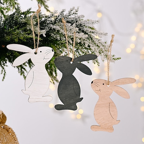 3er-Pack Osterdekorationen, hölzerne Hasen-Hängeornamente im nordischen Stil, minimalistische Hasen-Hängedekoration für Zuhause, Frühlings- und Weihnachtsdekoration für Wand oder Tür. Image