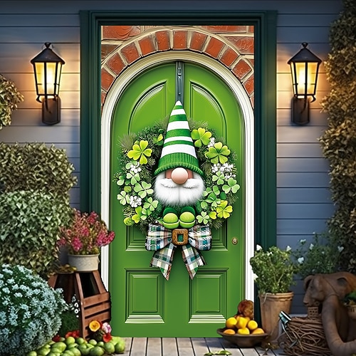 Grüner Kleeblatt-Türvorhang zum St. Patrick's Day, Koboldmotiv, festliche Türdekoration, irisches Kleeblatt-Paneel für die Feierlichkeiten zum St. Patrick's Day. Image
