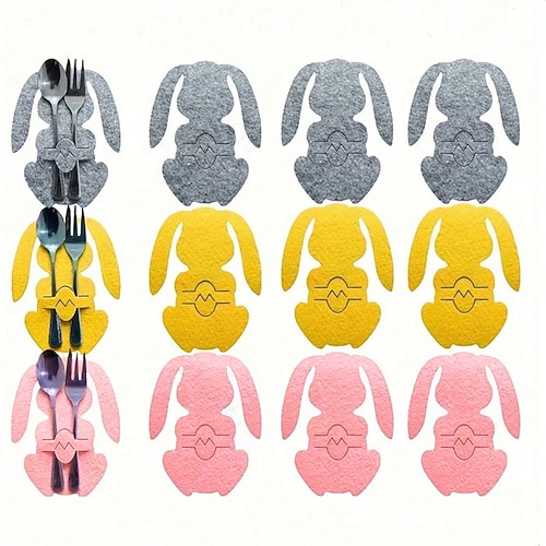 12er-Set Besteckbeutel mit Osterhasenmotiv aus Filz für Messer und Gabeln, ideal als Tischdekoration für Ostern, Hochzeiten, Geburtstage und andere Feiern. Farben: Rosa, Blau, Grün, Gelb. Image