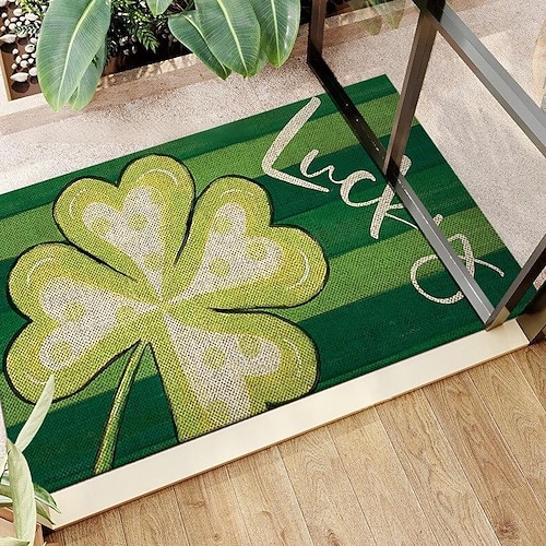 Fußmatte zum St. Patrick's Day, irisches vierblättriges Kleeblatt-Design, Eingangsmatte, festlicher grüner Kleeblatt-Türteppich für die Feierlichkeiten zum St. Patrick's Day. Image