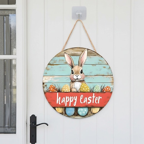 Oster-Holzschild mit Hasenmotiv, Türhänger, festliche Wanddekoration, Frühlingsfest-Hintergrund, handgefertigtes Holzdekor für Zuhause oder Veranda Image