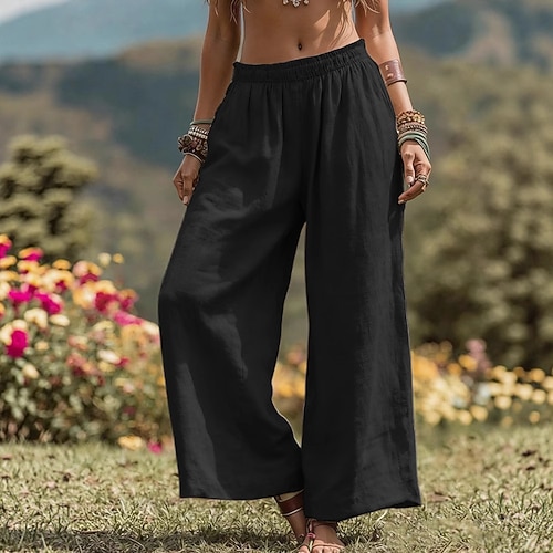 Damen Hose Sommerhose Baggy-Hosen Freizeithose Urlaub Mode Streetwear Volle Länge Hohe Taille Einfarbig Tasche Elastischer Bund Weites Bein Komfort Weich Bequem Unelastisch Outdoor Straße Blau Image