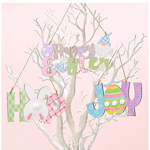 3er-Pack Osterdekorationen, hängende Holzornamente, Hasen-Eier-Hängedekorationen für die Osterfeiertage, festliche Frühlingsdekoration für Wand oder Tür Image