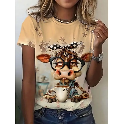Damen T Shirt Druck Grafik Tiermotiv Kuh Vintage Stilvoll Klassisch Kurzarm Rundhalsausschnitt Rundhals Normale Oberteile Täglich Wochenende Khaki Sommer Frühling Herbst Winter Image