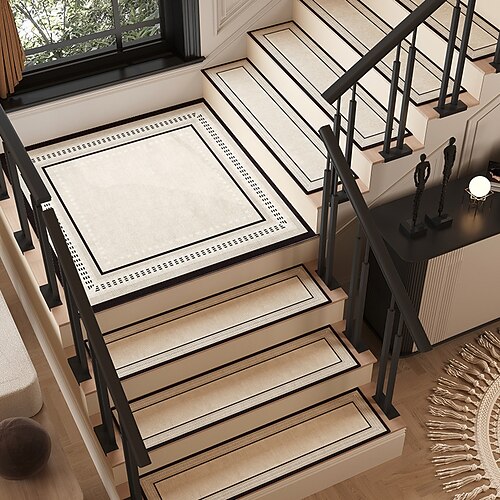 Treppenstufenmatten im amerikanischen Stil, selbstklebend (ohne Klebstoff), cremefarben, rutschfest, waschbar, strapazierfähig, leicht zu reinigen und zu pflegen Image