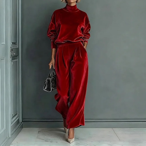 Damen Hosen-Sets Bolero-Oberteil Langarm Rollkragen Einfarbig Patchwork Elegant Mode Streetwear Lässig Täglich Outdoor Schwarz Rote Königsblau Frühling Normale Passform Image