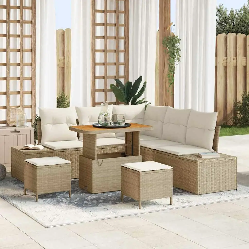 8-teiliges Outdoor-Sofaset aus beigem Polyrattan mit Kissen, Gartenmöbel