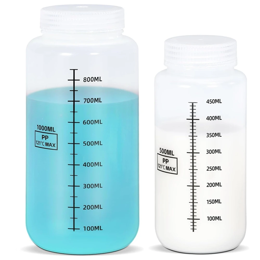 Set di 2 bottiglie di plastica a bocca larga con coperchi Contenitori in PP Barattoli da 500 ml 1000 ml per bottiglie di stoccaggio di liquidi per succhi d'acqua