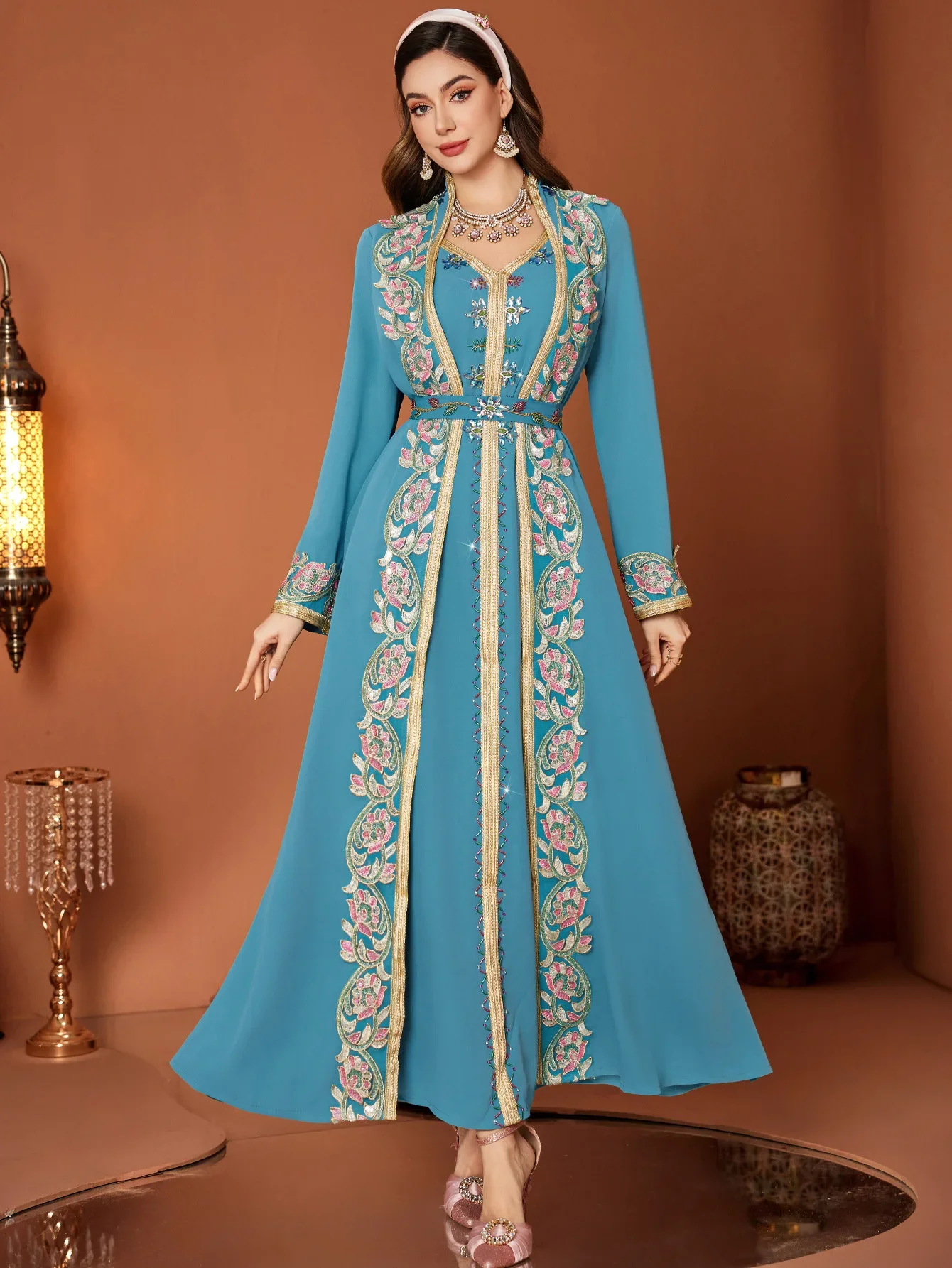 Eid Abito Musulmano Donna Abaya Pizzo Diamante Falso 2 Pezzi Abiti Lunghi Abiti Largos Partito Caftano Ramadan Dubai Abito Lungo 2026