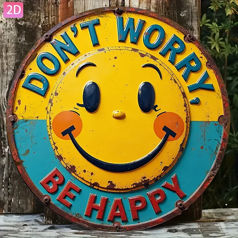 2D flach, 1 Stück „Don't Worry, Be Happy!“ Wandkunst-Holzschild – mit einem lebendigen gelben glücklichen Gesicht und kräftigen blauen Buchstaben Image