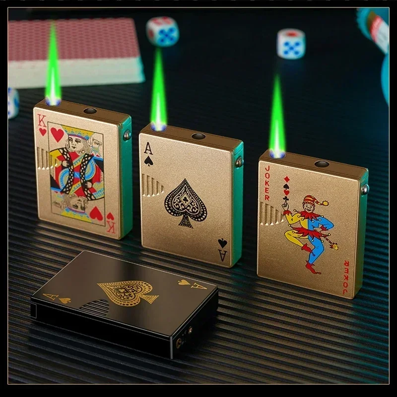 Nuovo insolito accendini a gas butano turbo torcia, novità carte da gioco in metallo accendino jet poker, accendino esterno creativo antivento