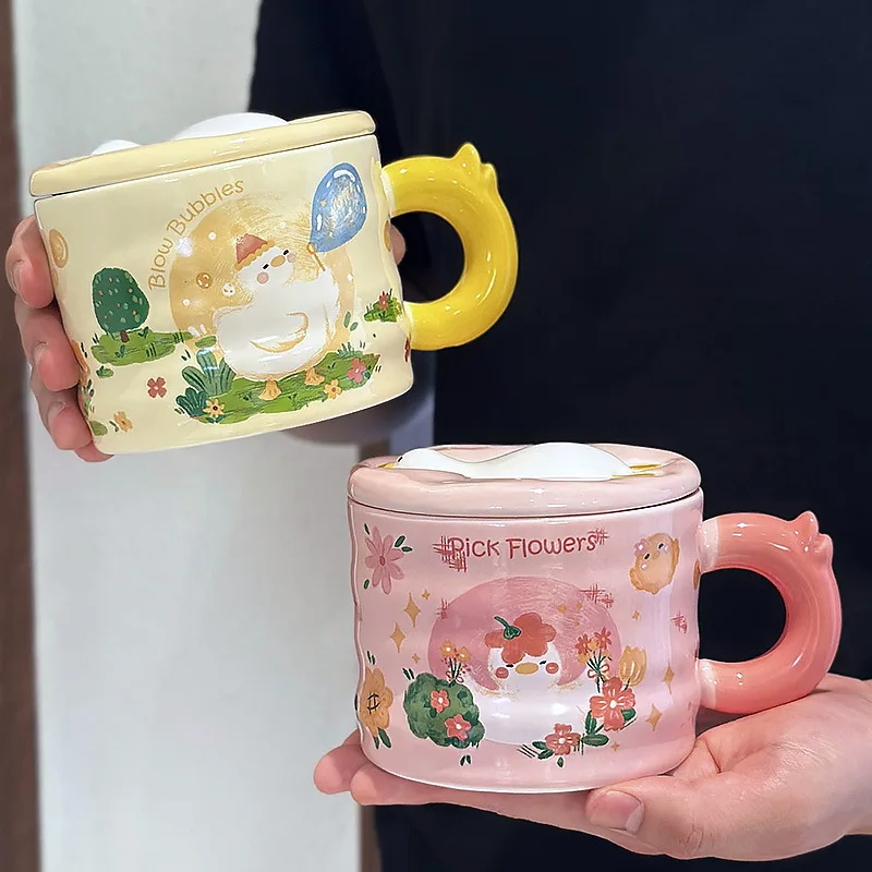 Tazza in ceramica con anatra carina Tazza in ceramica carina con coperchio Tazze divertenti di caffè Tazze da birra Bicchieri Tazza Regalo personalizzato Bar da tè di Natale