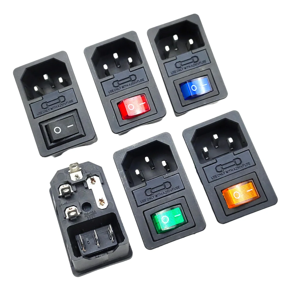 AC-Netzkabel-Buchse mit Wippschalter, Wippschalter, Sicherungshalter, 250 V/AC 10 A Stecker, Stecker, 3-polig, IEC320 C14 Image