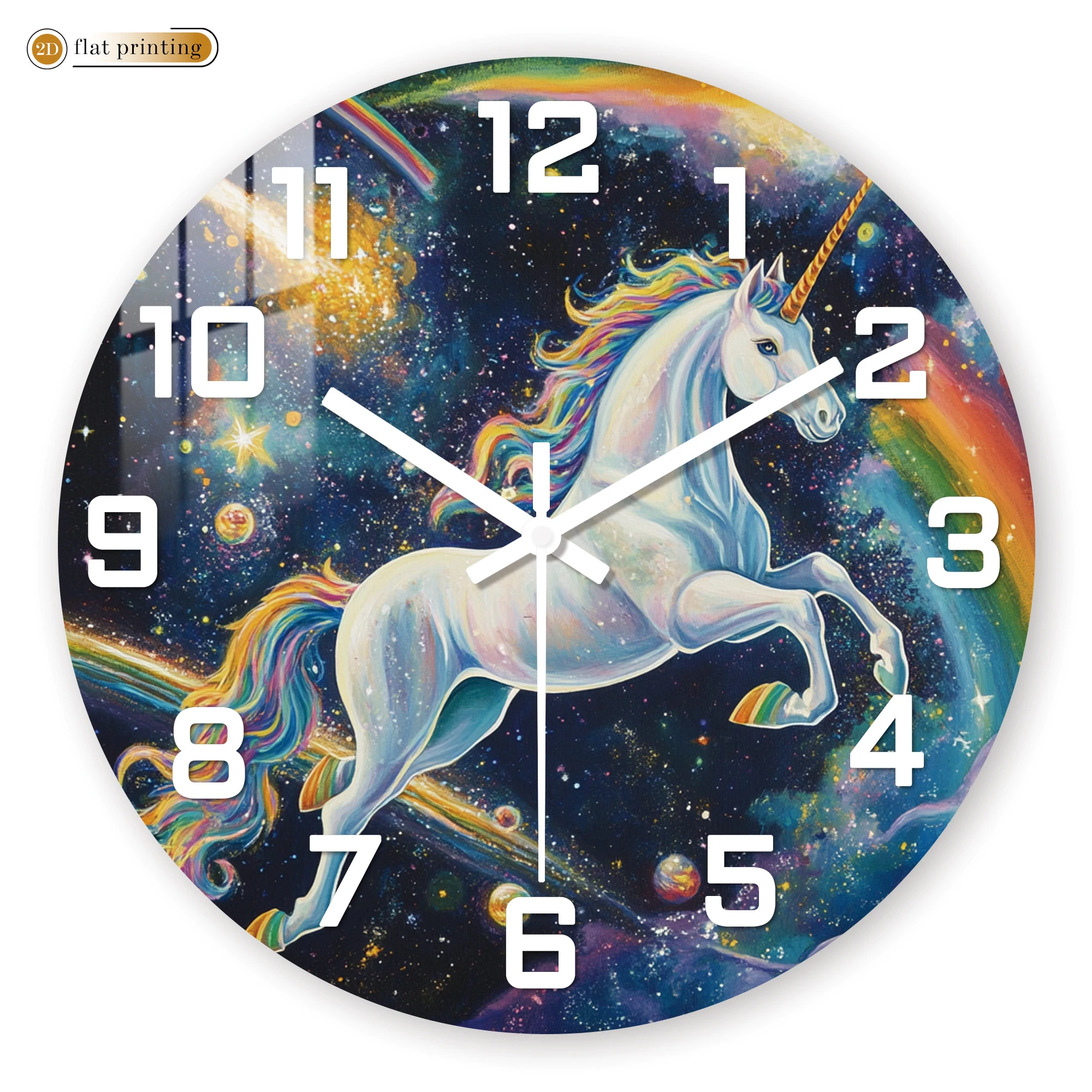 Magisches Einhorn in Galaxie-Wanduhr – farbenfrohe, flache, bedruckte 2D-Runduhr mit Weltraumnevel – leise, nicht tickende Fantasy-Uhr Image