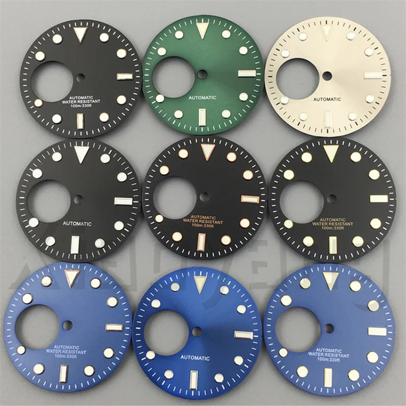 29mm ausgehöhltes Zifferblatt schwarz blau grün grau Zifferblatt Silber Rose Rand Index mit c3 grün leuchtend fit nh38 Uhrwerk ersetzen