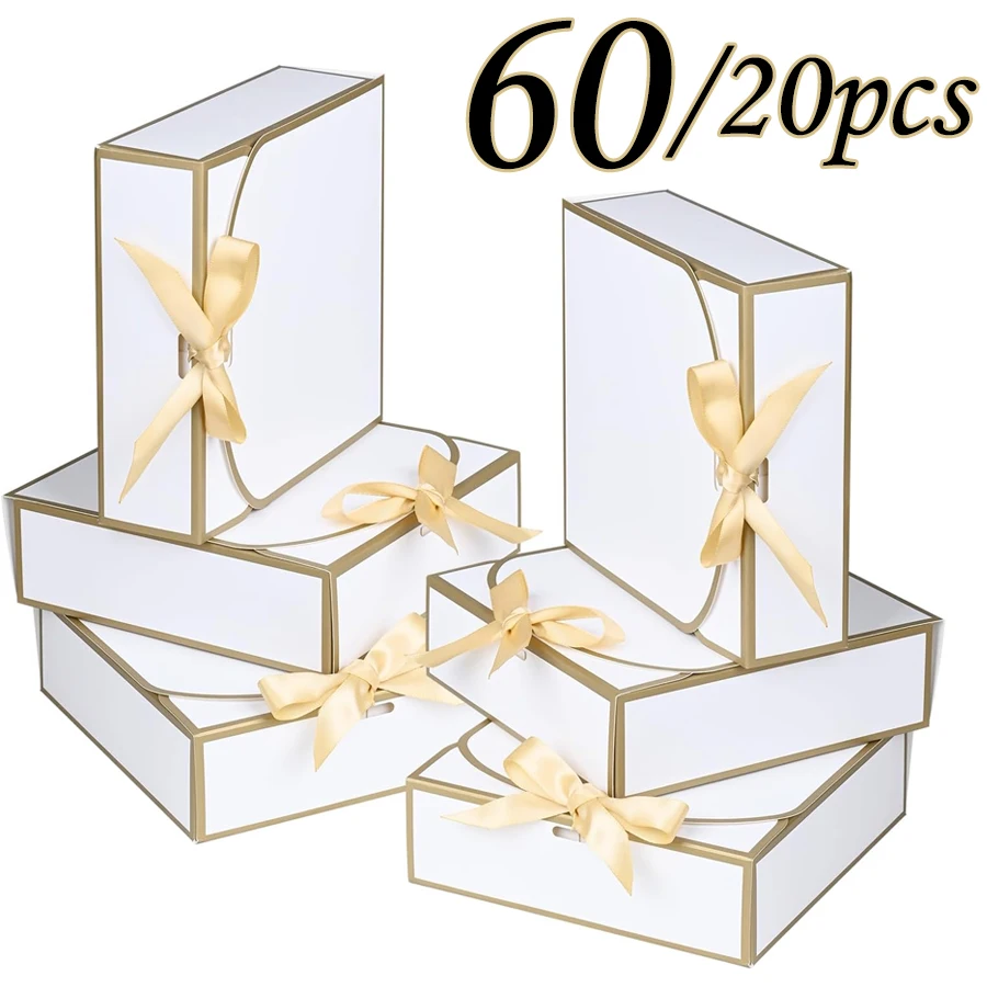 60/20pcs, Elegant White Gift Boxes with Lids, Elegant gold trim, Gold Ribbon, 6.5''x6.5''x2'' Suitable for all kinds of parties