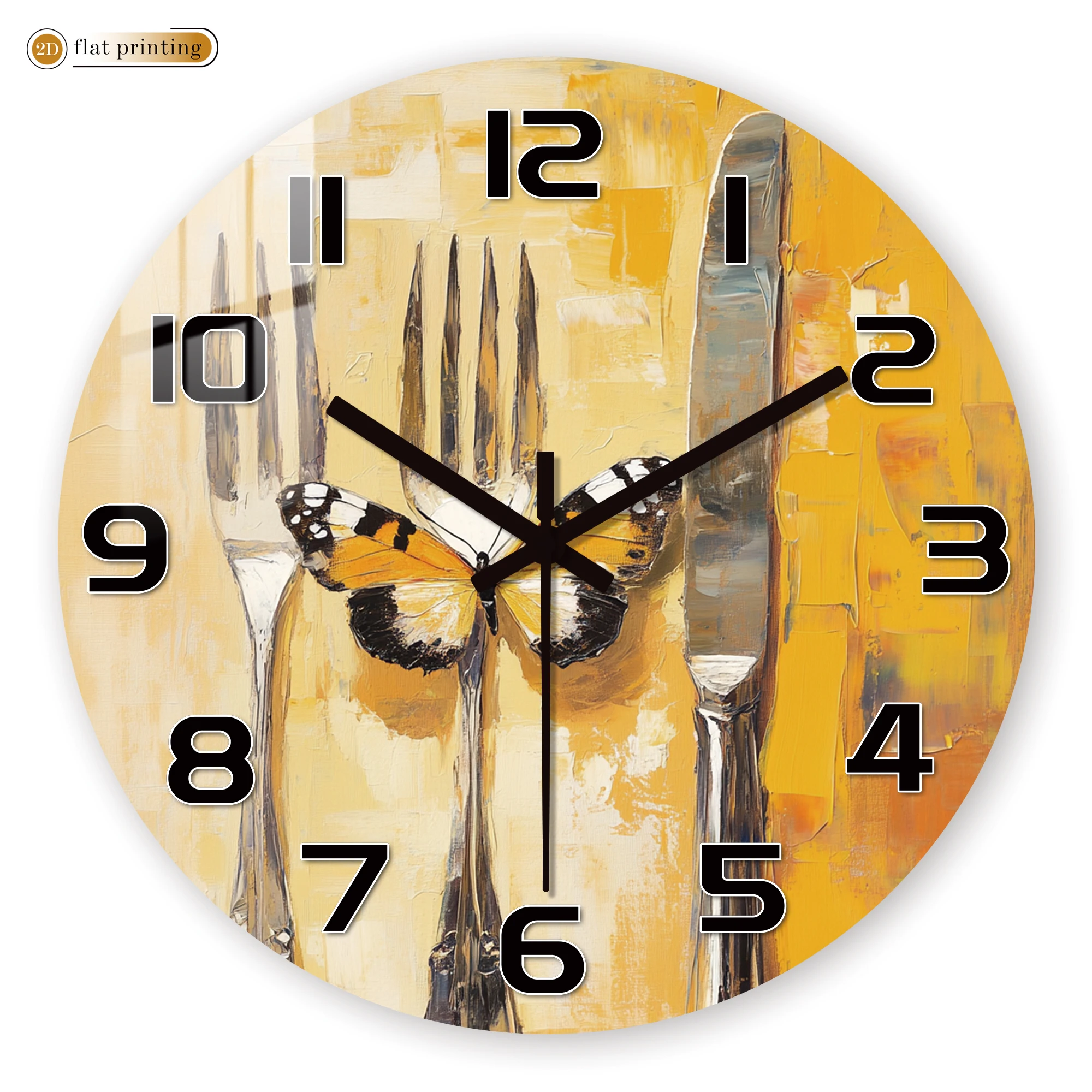 Schmetterling auf Besteck-Wanduhr, künstlerisches 2D-Flachdruckdesign, einzigartige Dekoration für Küche oder Esszimmer