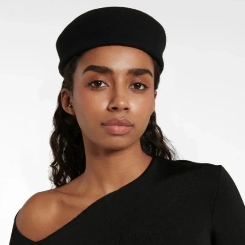 Vintage Hard Top Flache Fedoras Hüte 100 % Wollfilz Baskenmütze Hut Frauen Hochzeit Fascinator Hüte Hochzeit Cocktail Party Pillbox Cap Image