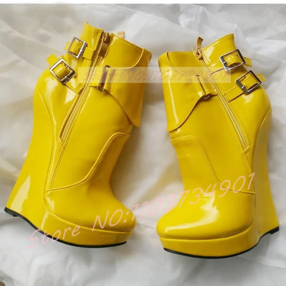 Plattform Gelb Extreme Keil Heels Stiefel Frauen Runde Kappe Knöchel Schnalle Große Größe Stiefel Damen Sexy Punk High Heels Booties