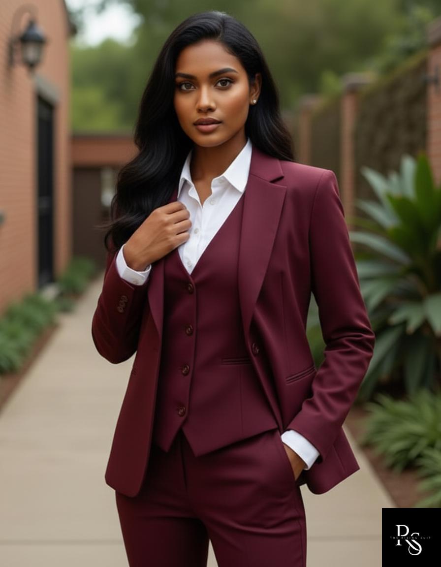 Completo da donna in 3 pezzi color bordeaux / Blazer, gilet e pantaloni su misura / Elegante abito da lavoro, da cerimonia o formale per donna