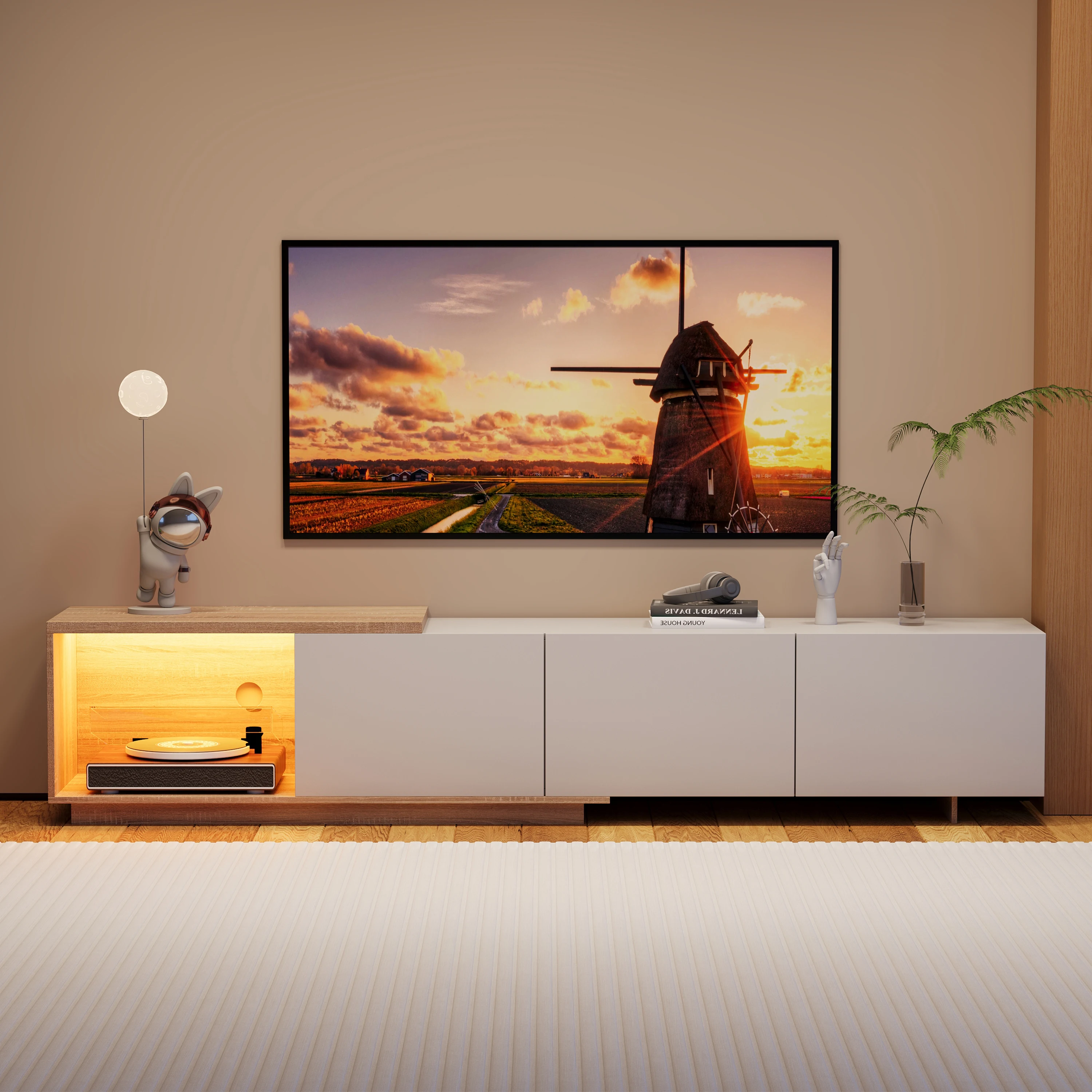 Roshanda TV-Schrank mit LED, 240 cm, TV-Ständer mit 3 Schubladen, TV-Regal für Fernseher bis zu 65 Zoll, für Wohnzimmer, Schlafzimmer, Weiß/Schwarz