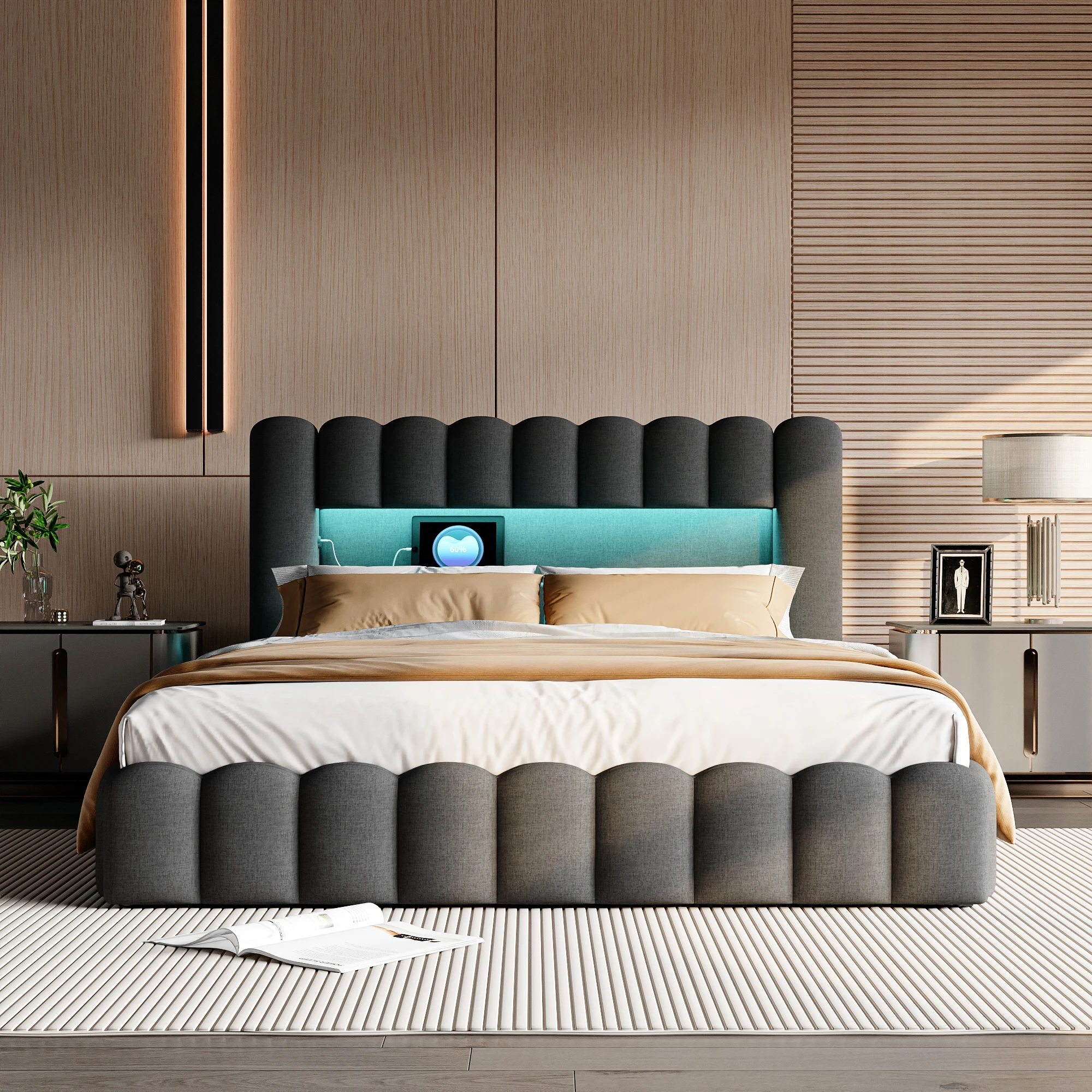 Hydraulisches Bett mit Stauraum 160 x cm, Doppelbett mit USB-Aufladung und LED-Beleuchtung, gepolstertes Bett mit Rangfach Image