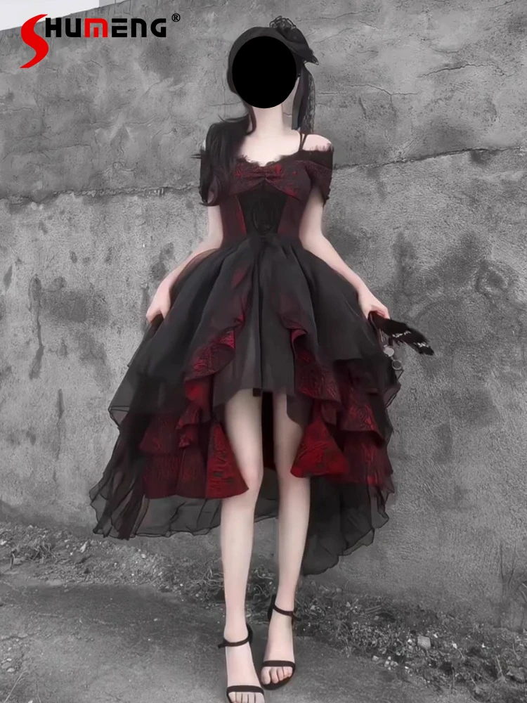 Original schwarz und rot Gothic Dark Lolita Kleider Damen Slim Fit Retro elegantes unregelmäßiges langes Kleid Y2K Off-Shoulder-Kleid