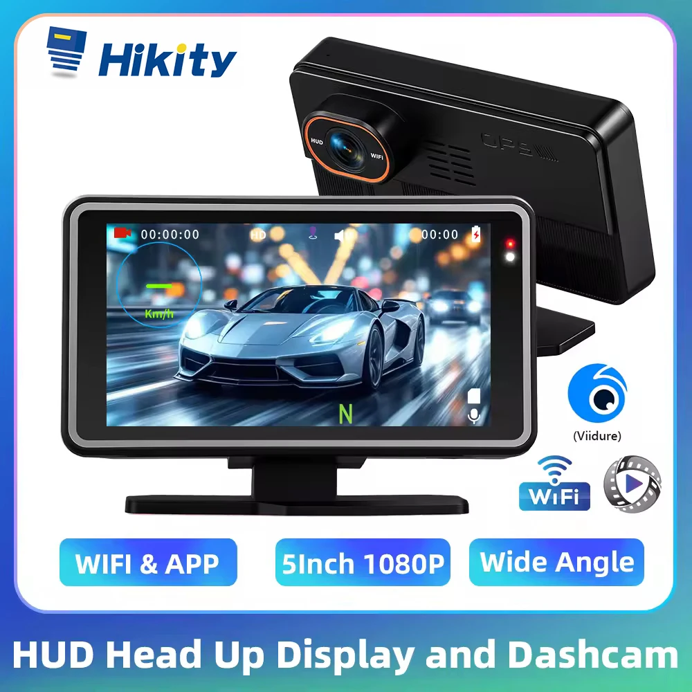 Hikity Enregistreur vidéo de conduite automobile 5 pouces HUD Affichage tête haute et caméra embarquée DVR 1080P 150 ° Enregistrement en boucle à grand angle de vue, WIFI