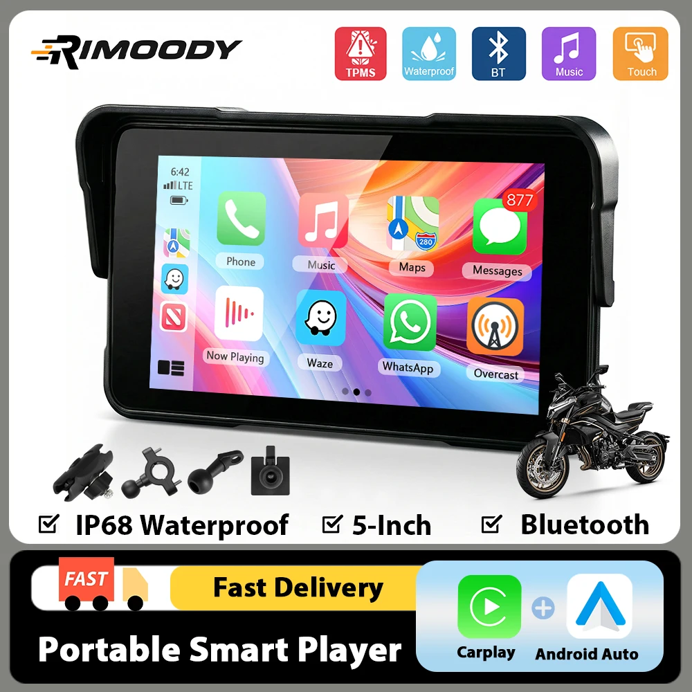 Rimoody 5'' Bildschirm Smart Screen Player Drahtlose Carplay Android Auto IP68 Wasserdichte Motorrad Monitor Reifendruck Überwachung Image