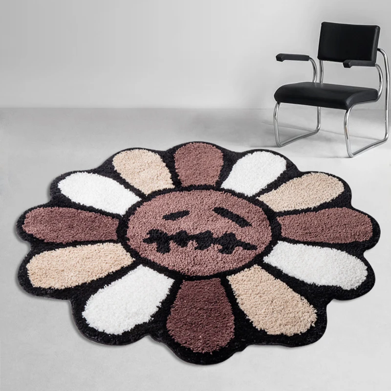 Vintage Tufting Lächeln Blume Wohnzimmer Teppich weichen runden Teppich Schlafzimmer Nacht matte Tür Boden Anti-Rutsch-Pad ästhetische Wohnkultur Image