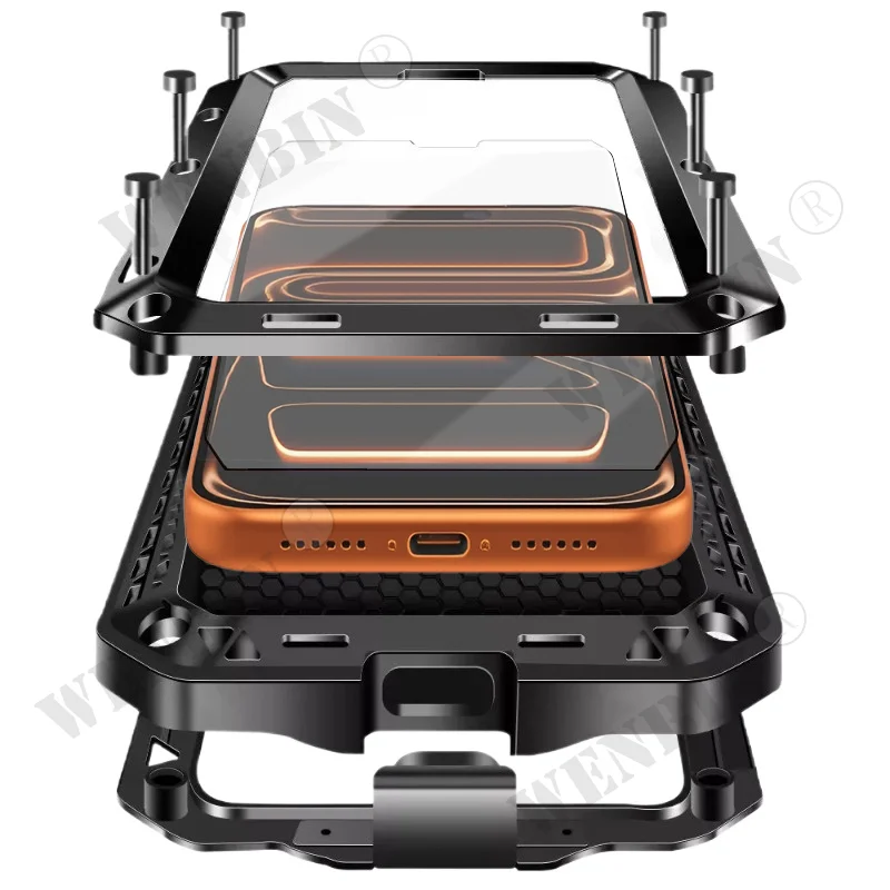 Luxuriöse robuste Hülle für iPhone 17, 16, 15 Pro Max Plus, Metall, robust, 360° Ganzkörper-Schutzhülle, stoßfest, Rüstung, Fundas Image
