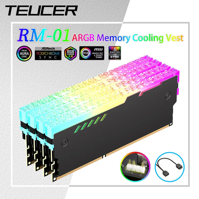 Teucer 5V 3Pin ARGB RAM Kühlkörper Aura Sync DDR4 DDR3 Speicher Kühlkörper mit thermischem Silikonpad für Desktop-Computer PC-Speicher Image