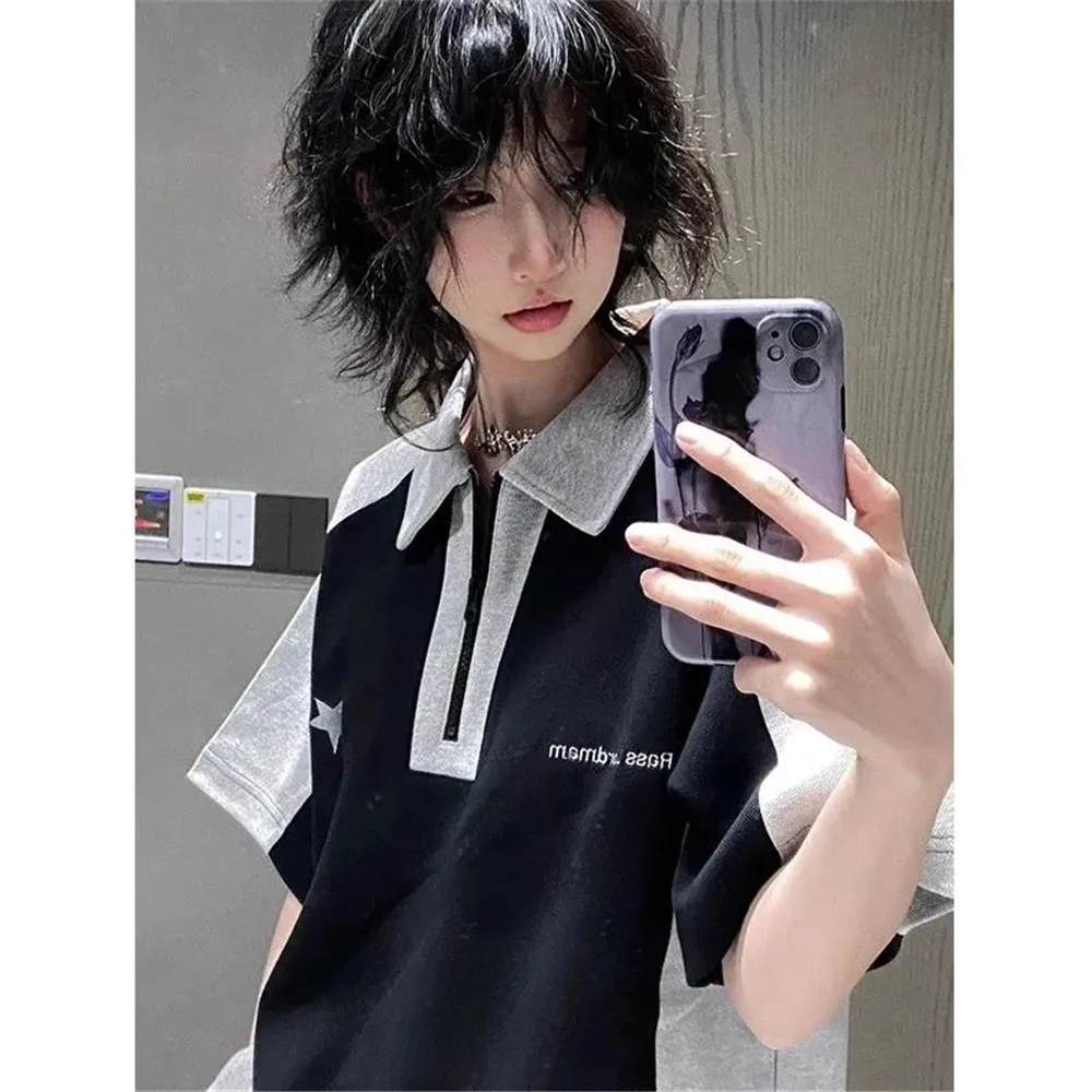 Y2k Sommer Polo T-Shirts Frauen American Vintage Neue Baumwolle Kontrast Panels Casual Harajuku Shirts Kurzarm Frauen Casual Tops