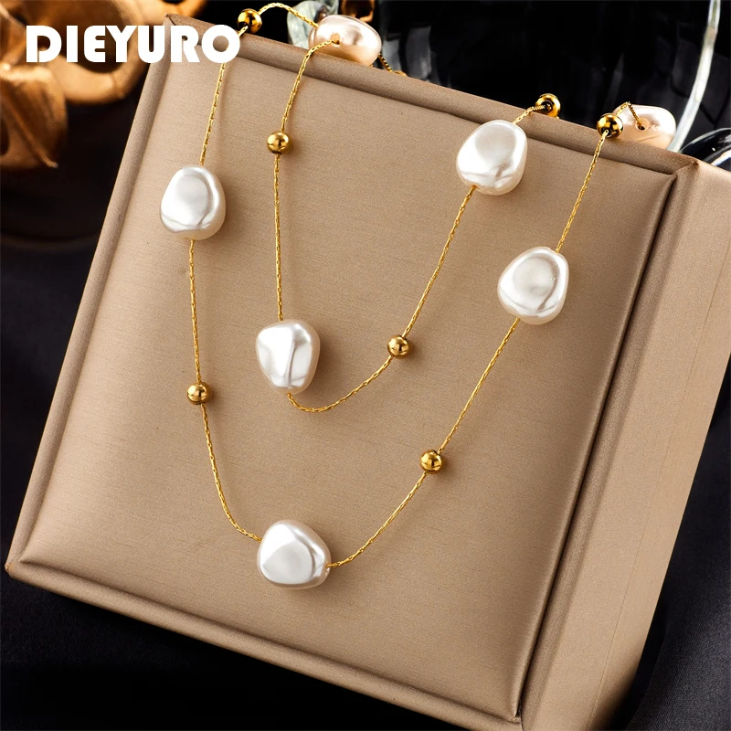 DIEYURO Collana con ciondolo di perle grandi 2in1 in acciaio inossidabile 316L per le donne Nuova tendenza Ragazze Collo Catena di gioielli Regalo di nozze per feste