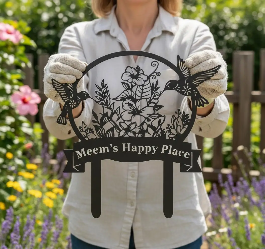 Piquet de nom de jardin en métal personnalisé, piquet de jardin colibri, panneau de jardin Floral, piquet de nom de jardin extérieur, piquet en métal cadeau de jardin