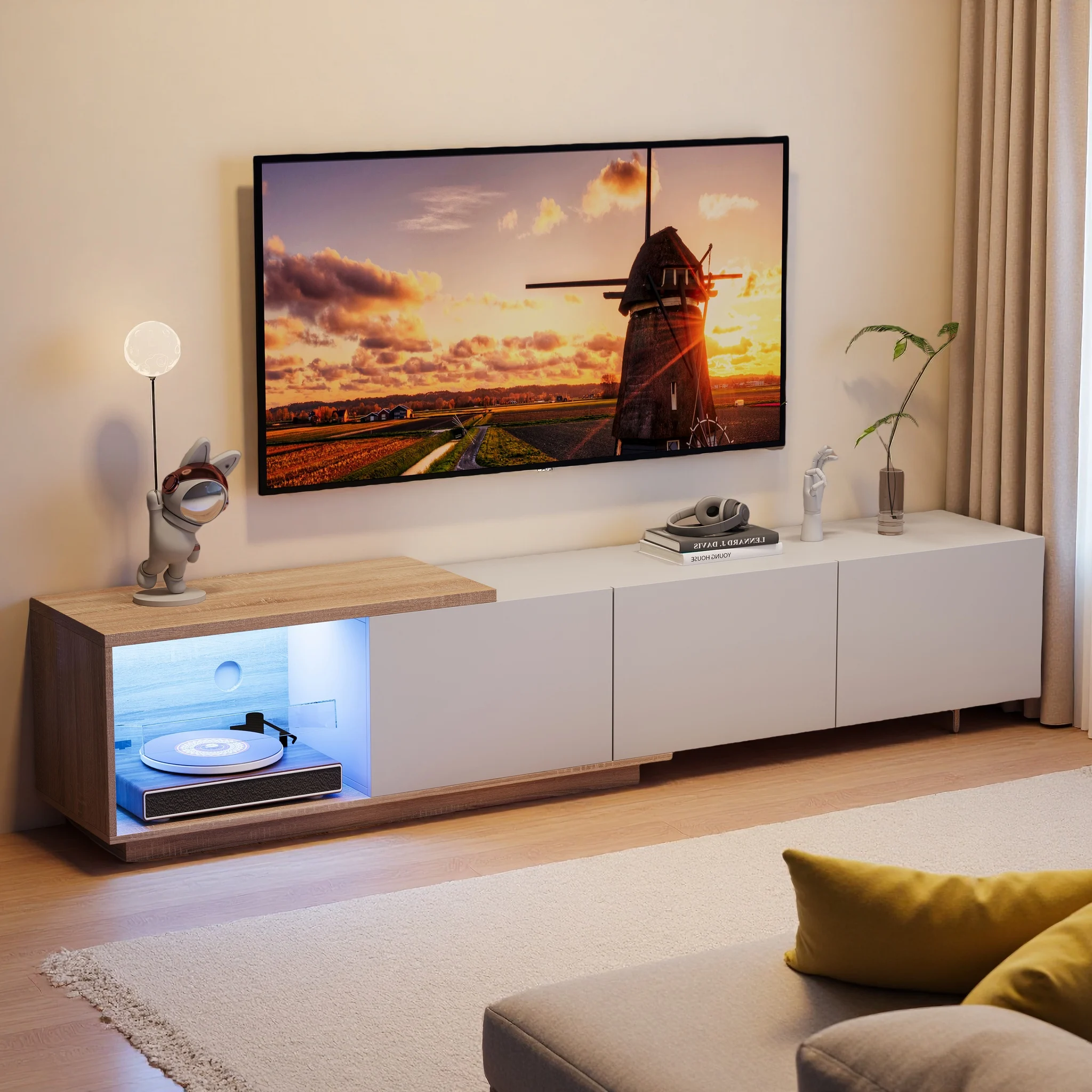 Rosahqnda Meuble TV moderne avec éclairage LED 240x38x44 cm Table TV avec 3 tiroirs, meuble bas TV, meuble de rangement TV pour salon