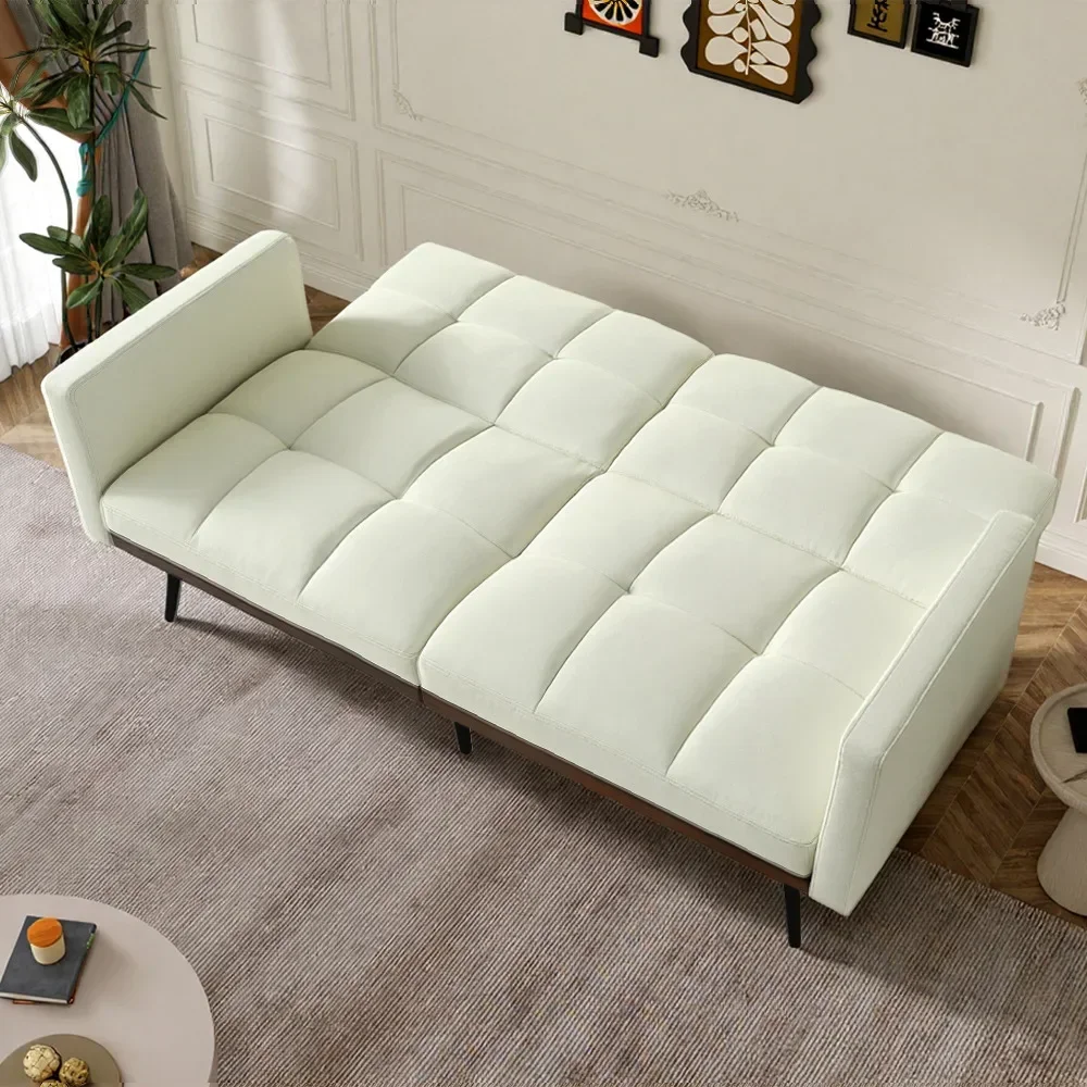 Modernes Futonsofa aus der Mitte des Jahrhunderts in Leinenmischung, 146 cm breit, 5-stellige verstellbare Rückenlehne und feste Armlehnen, Metallbeine, Beige Image