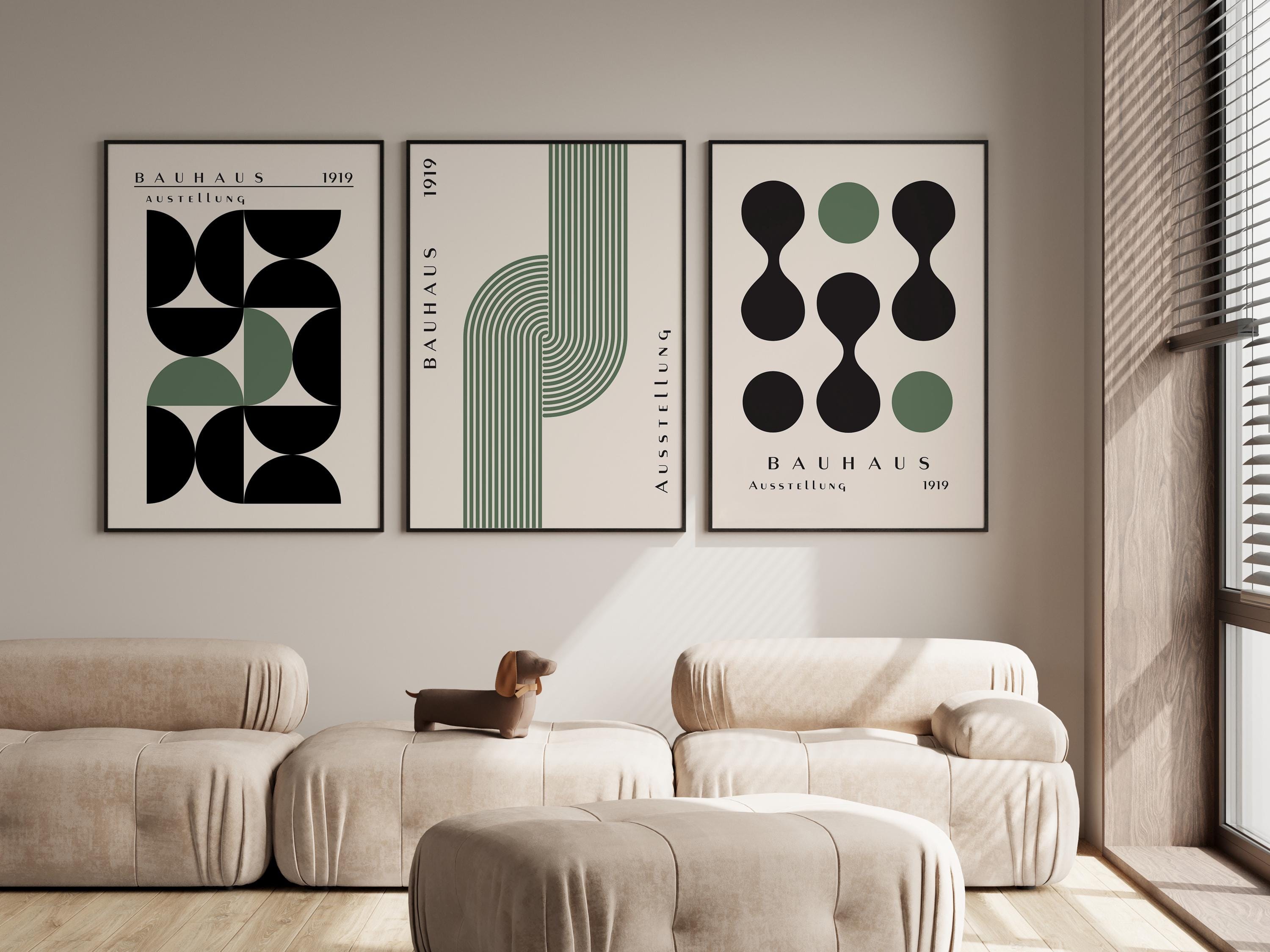 Set di 3 stampe Bauhaus in nero e verde salvia, Mid Century Modern, Arte murale geometrica, Arte murale Bauhaus, Stampa Bauhaus, Arte murale nera