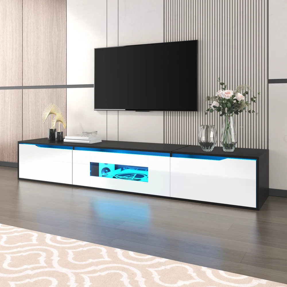 Meuble TV haute brillance 180 Cm, avec éclairage LED USB, meuble TV moderne bas avec support mural, meuble TV avec lumière changeante de couleur