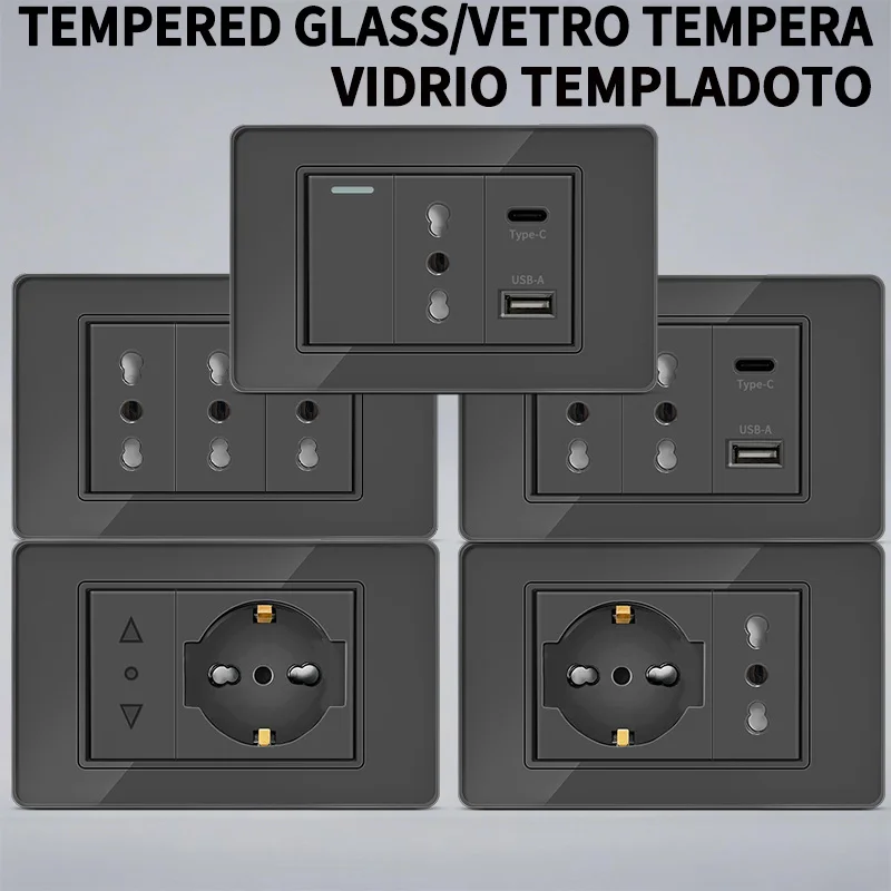 ​ ​ Premium-T&IWall-Schaltersteckdosen – USB-C-Schnellladung, Italien-Steckdose, Chile-Schuko-Steckdose und gehärtetes Glas für moderne Häuser ​ Image