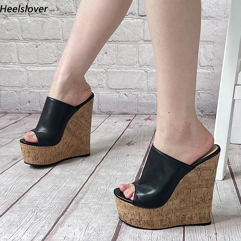 Ahhlsion handgemachte Damen-Maultiere, Sandalen, Keilabsatz, Peep-Toe, elegante schwarze Party-Cosplay-Schuhe, Damen, US-Größe 4–15