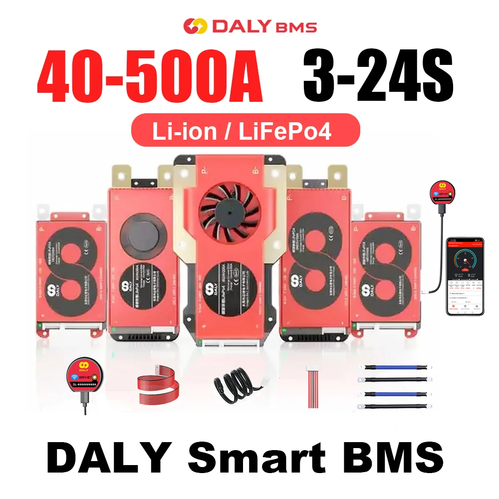 Daly Smart BMS 40-500A BT APP UART 3S 4S 6S 7S 8S 10S 12S 13S 14S 15S 16S 17S 20S 24S Li-Ion LiFePo4 LTO 12V 24V 36V 48V 60V 72V Image