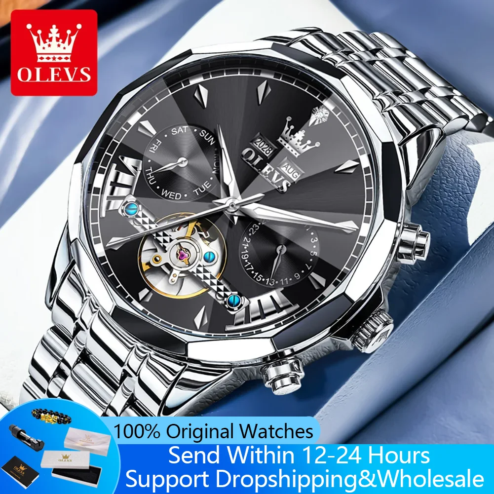 OLEVS 6619 Mechanische Uhr Für Männer Auto Datum Raute Spiegel Hohl Luxus Mann Uhren Wasserdicht Leucht Mode Armbanduhr Image