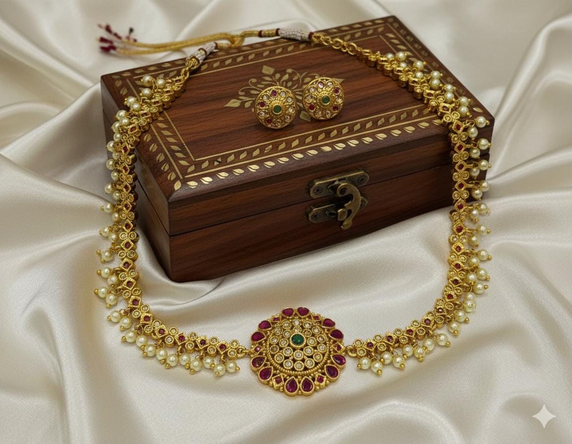 Collana con rubini e diamanti americani placcati in oro opaco con orecchini a bottone e girocollo, set di gioielli tradizionali in stile indiano merid